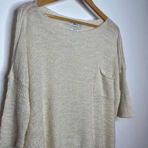 Zara Knit Women’s Size Small Italian Yarn Sweater Beige Oversized Short Sleeve - Picture 4 of 10
